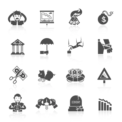 Economic crisis banking and finance depression black icons set isolated vector illustration