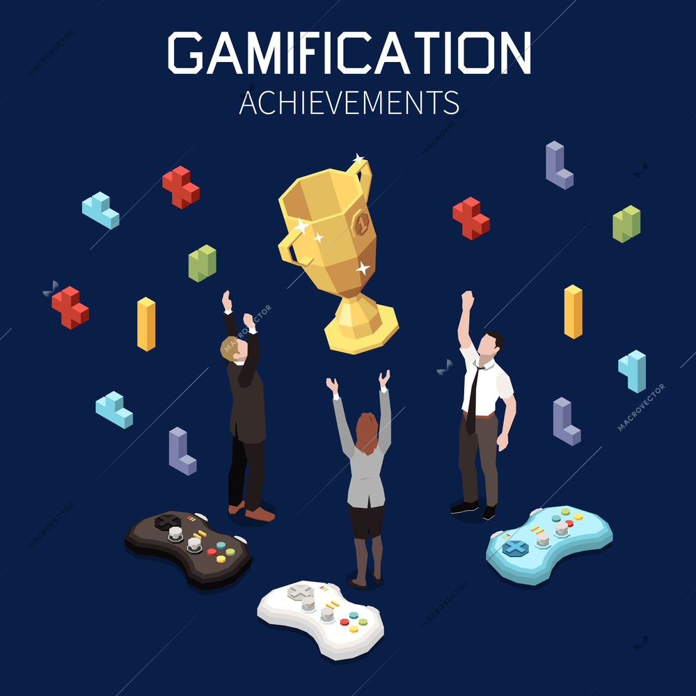 Business gamification teamwork goal achievement isometric concept with happy employees and golden cup 3d vector illustration