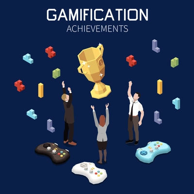 Business gamification teamwork goal achievement isometric concept with happy employees and golden cup 3d vector illustration