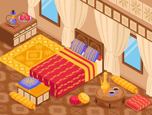 Middle eastern style interior background with oriental furniture isometric vector illustration