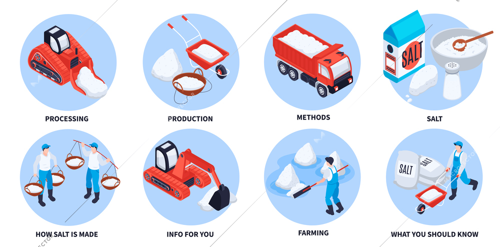 Salt production round set with production and methods symbols isometric isolated vector illustration