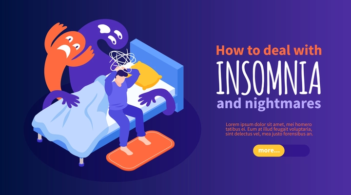 Healthy sleep horizontal banner with nightmares and insomnia symbols isometric vector illustration