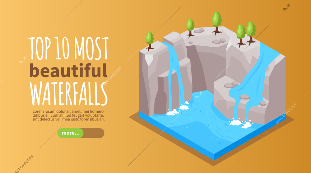 Waterfall horizontal banner with beautiful national park symbols isometric vector illustration