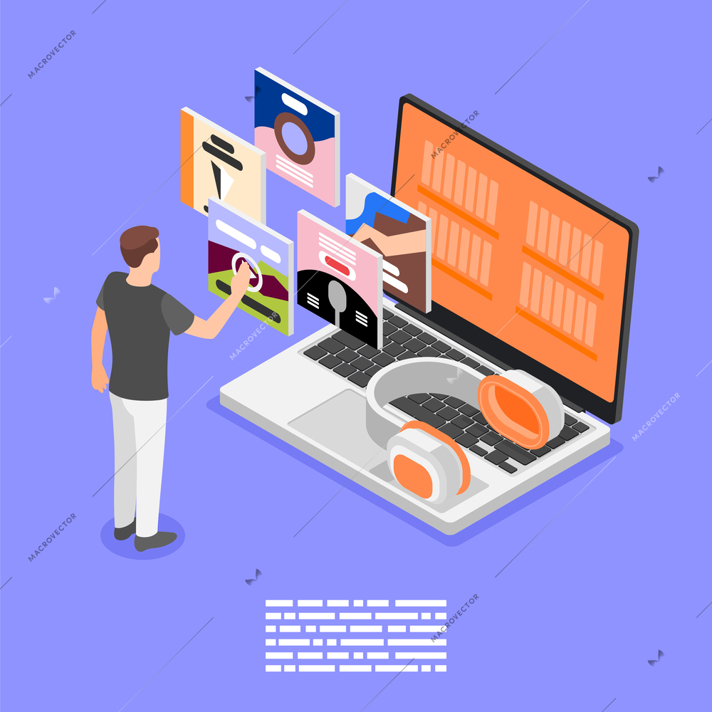 Audio books isometric background composition with human character moving pieces of content with laptop and headphones vector illustration