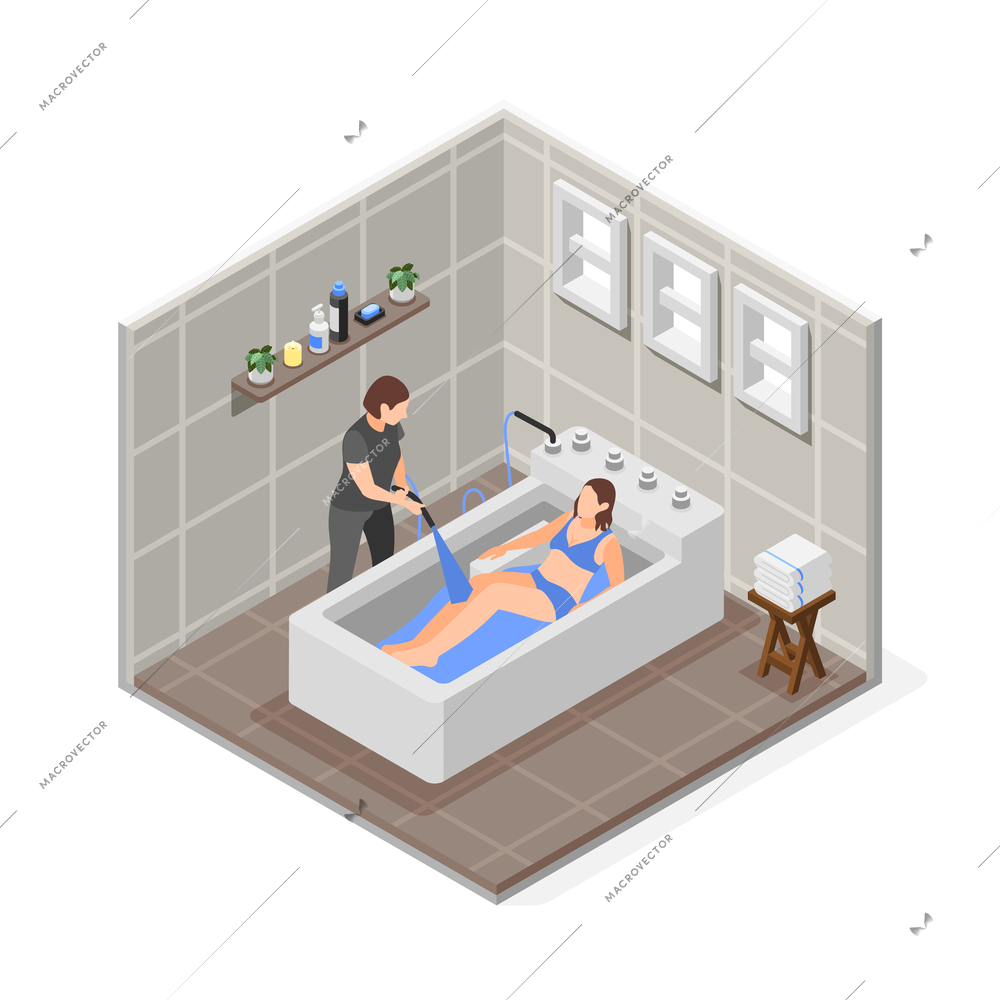 Varicose isometric composition with isolated view of treatment room with character of physician bathing female patient vector illustration