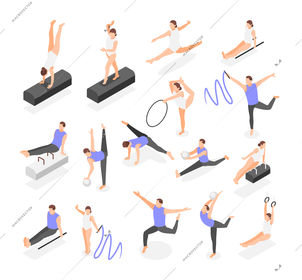 Gymnastics isometric set of isolated icons with human characters of performers different gestures poses and apparatus vector illustration