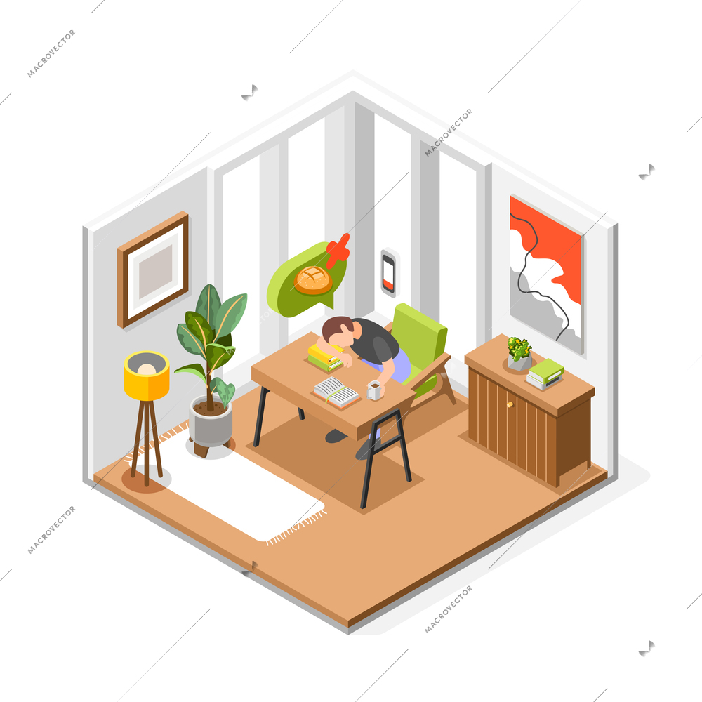 Gluten intolerance isometric composition with living room interior view with person at workplace dreaming of food vector illustration