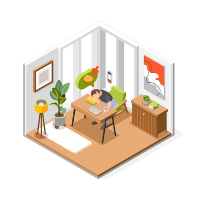 Gluten intolerance isometric composition with living room interior view with person at workplace dreaming of food vector illustration