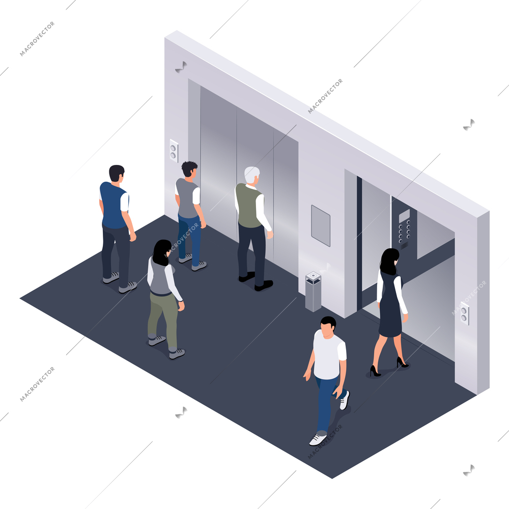 Modern office hall with employees and two passenger elevators isometric composition isolated on white background vector illustration