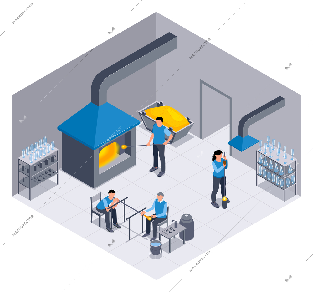 Isometric glass production composition with isolated view of factory workshop with stove and characters of workers vector illustration