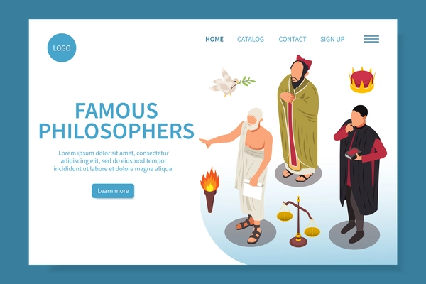 Famous philosophers isometric web site landing page with buttons links text and characters of ancient sophists vector illustration