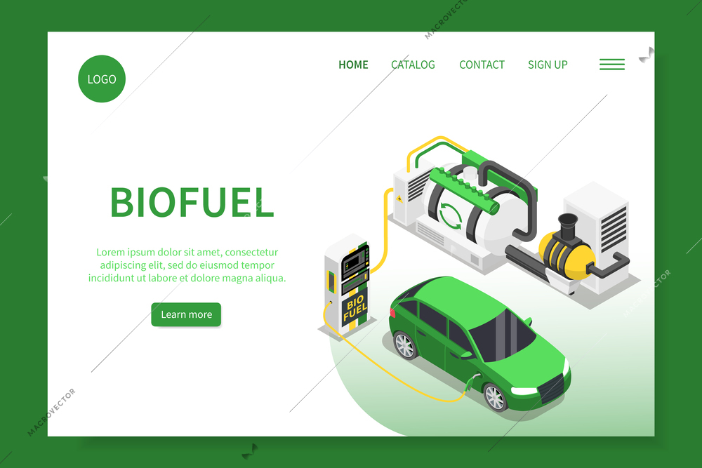 Biofuel biogas production isometric web site landing page with car fuel filling appliances text and links vector illustration