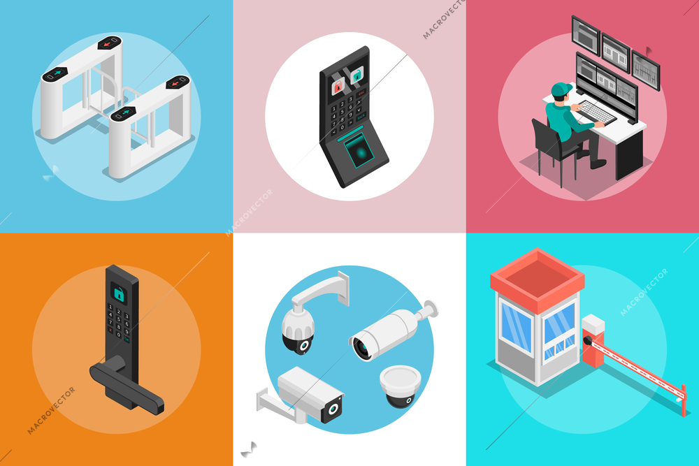 Access control system isometric set of square compositions with round spots and icons of infrastructure elements vector illustration