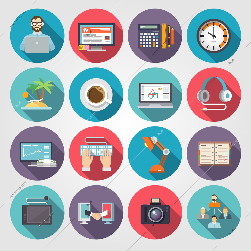 Freelance icon flat set with freelancer workflow business symbols isolated vector illustration