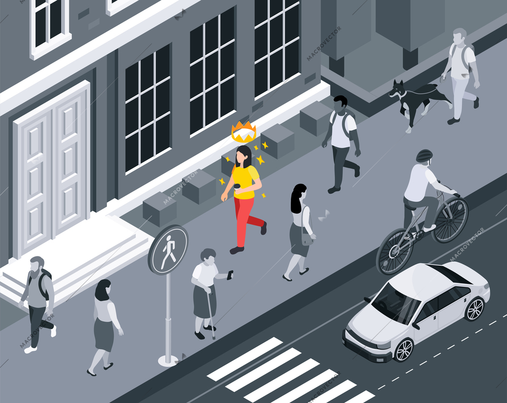 Self esteem improvement composition with isometric view of city street with crowned woman walking down pavement vector illustration