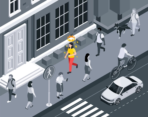 Self esteem improvement composition with isometric view of city street with crowned woman walking down pavement vector illustration