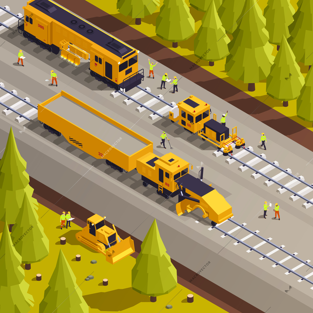 Isometric railroad track laying process with railway machinery and working people 3d vector illustration
