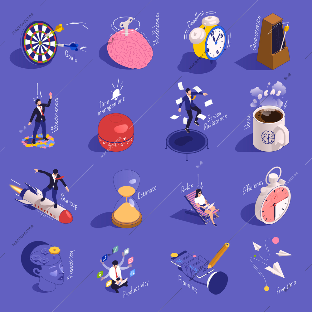 Productivity improvement boosting isometric set with isolated compositions of conceptual icons businessmen characters and text captions vector illustration