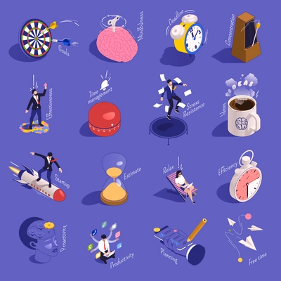 Productivity improvement boosting isometric set with isolated compositions of conceptual icons businessmen characters and text captions vector illustration