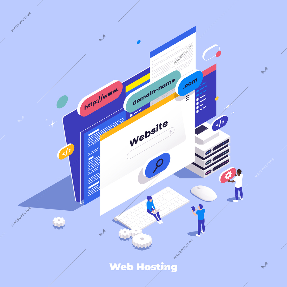 Web hosting isometric composition with icons of website windows and buttons on desktop computer with people vector illustration