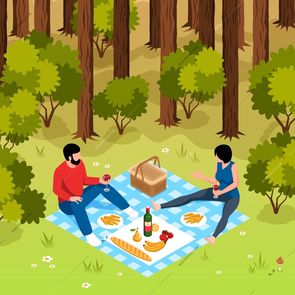 Isometric barbecue concept with young couple having picnic in forest vector illustration