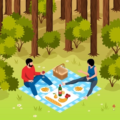 Isometric barbecue concept with young couple having picnic in forest vector illustration