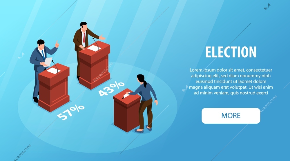 Isometric elections horizontal banner with political speakers and voting woman vector illustration