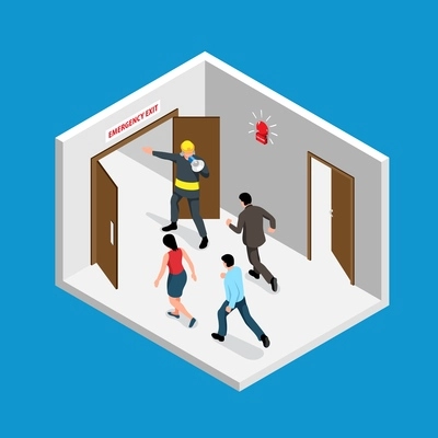 Isometric evacuation alarm concept with people running out vector illustration