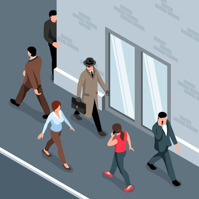 Isometric espionage concept with male in disguise on city street vector illustration