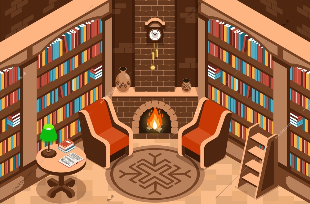 Isometric luxury library interior with fireplace and bookshelves vector illustration