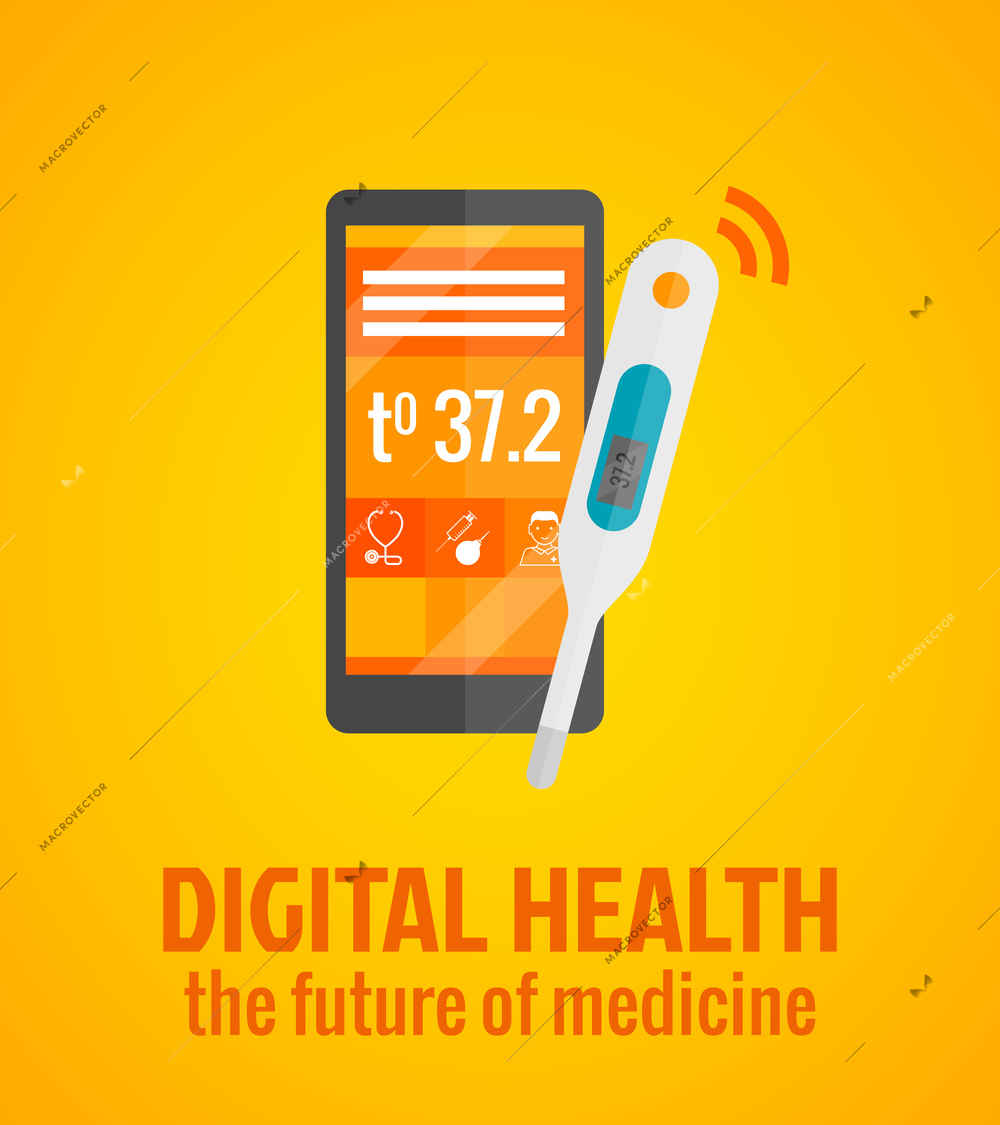 Digital health concept with smartphone and thermometer flat vector illustration