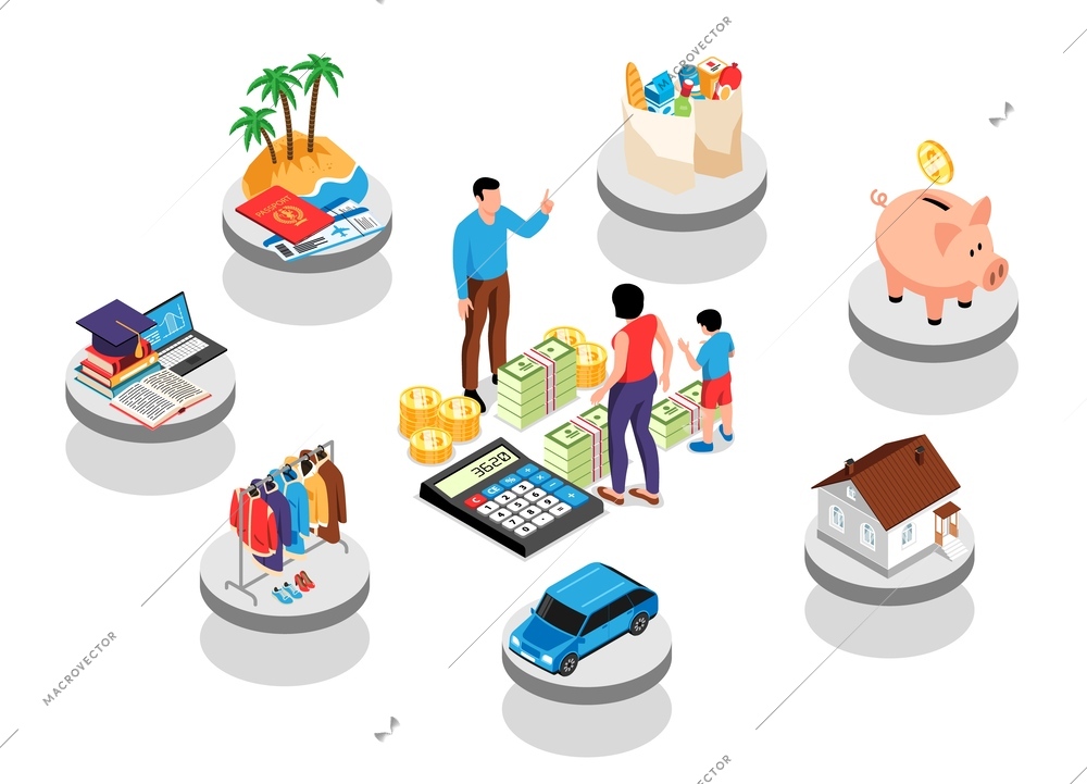 Isometric family budget composition with people counting money vector illustration