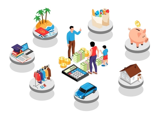 Isometric family budget composition with people counting money vector illustration