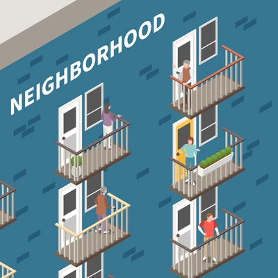 Neighbours isometric concept with people on building balcony vector illustration