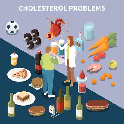 Cholesterol isometric concept with good and bad fat products vector illustration