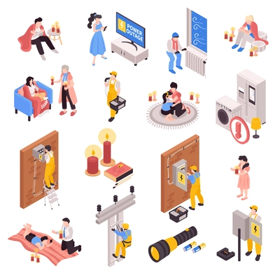 Isometric power outage set with isolated characters of people during blackout and working technicians with flashlights vector illustration