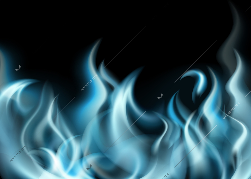 Realistic blue fire concept with flames of different sizes on a black background