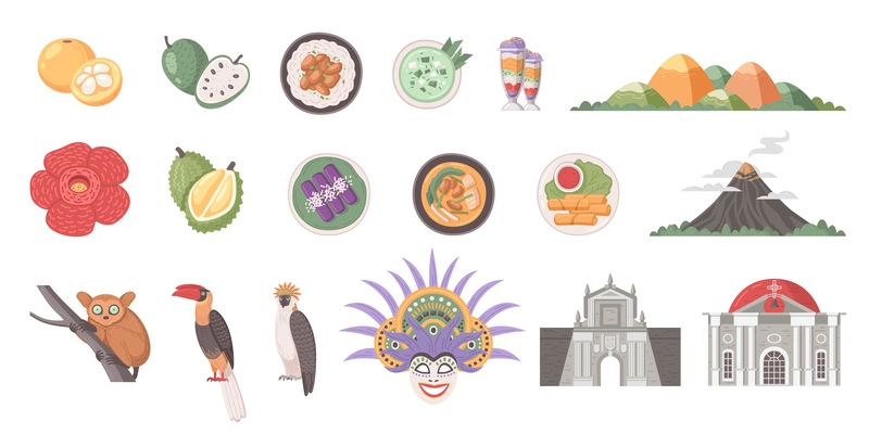 Philippines travel cartoon icons set with touristic attractions and landmarks isolated vector illustration