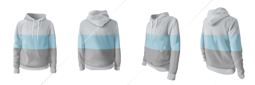 Realistic striped hooded sweatshirt mockup set isolated vector illustration