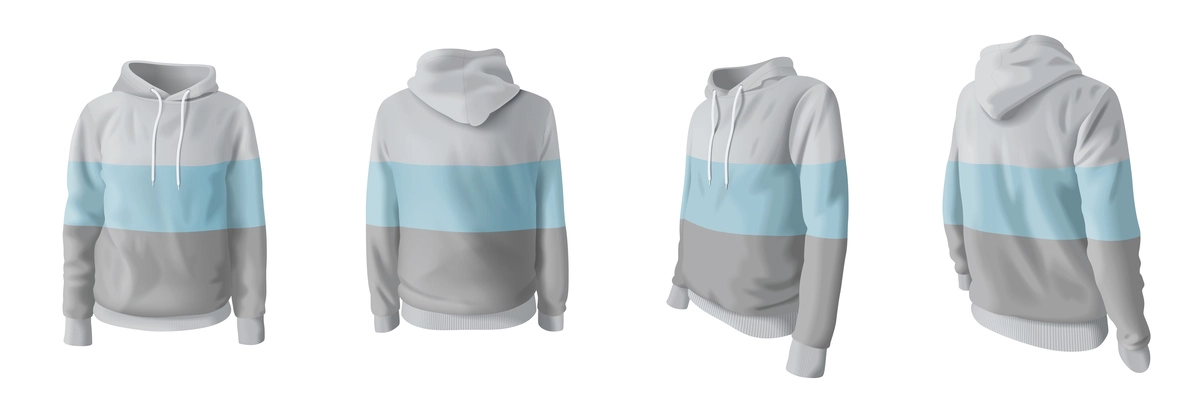 Realistic striped hooded sweatshirt mockup set isolated vector illustration