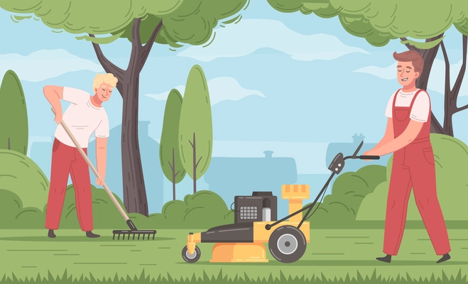 Lawn mowing cartoon with male workers cutting grass vector illustration