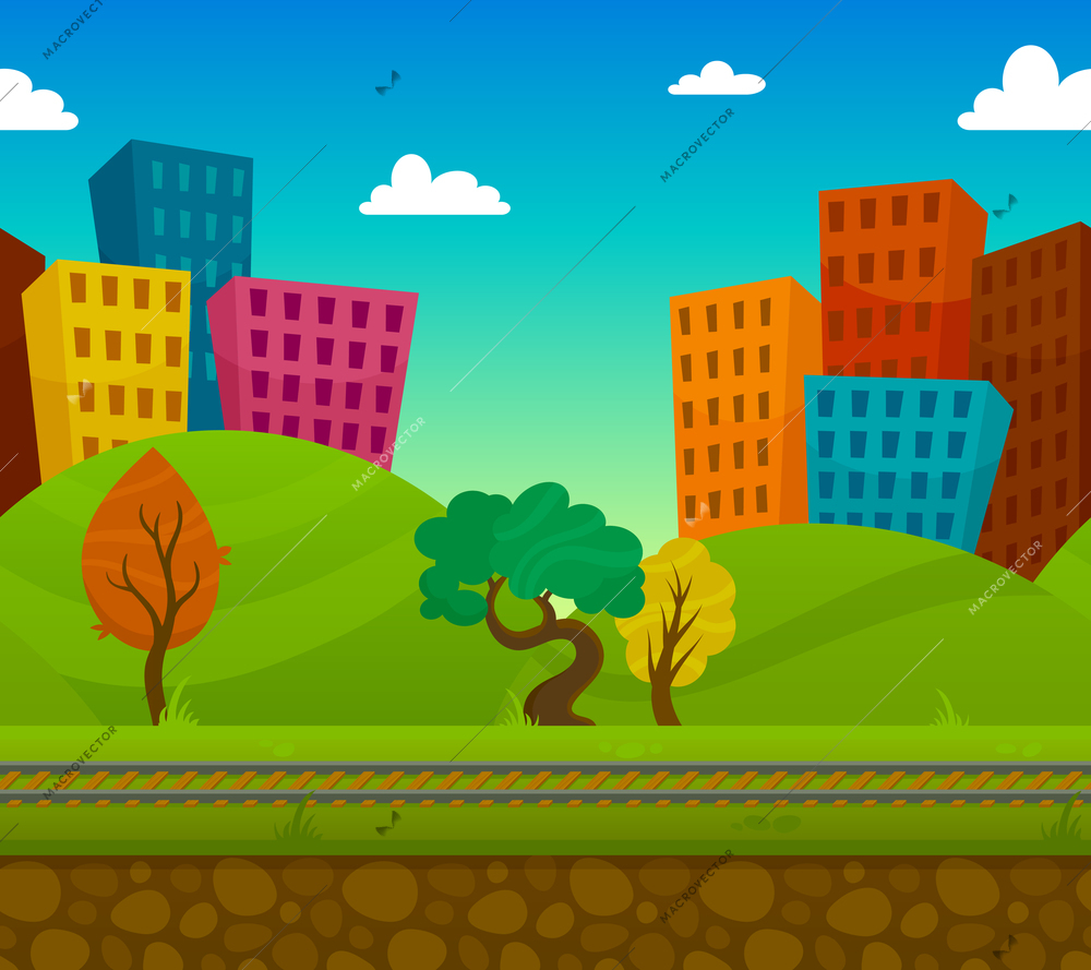 Railway 2d game landscape with city houses on background flat vector illustration