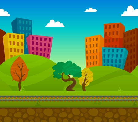 Railway 2d game landscape with city houses on background flat vector illustration