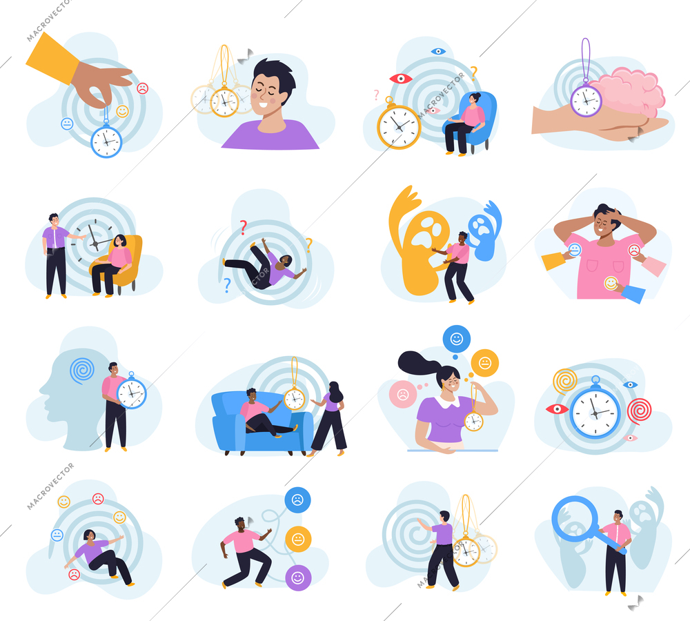 Hypnosis therapy icons set with mental problem symbols flat isolated vector illustration