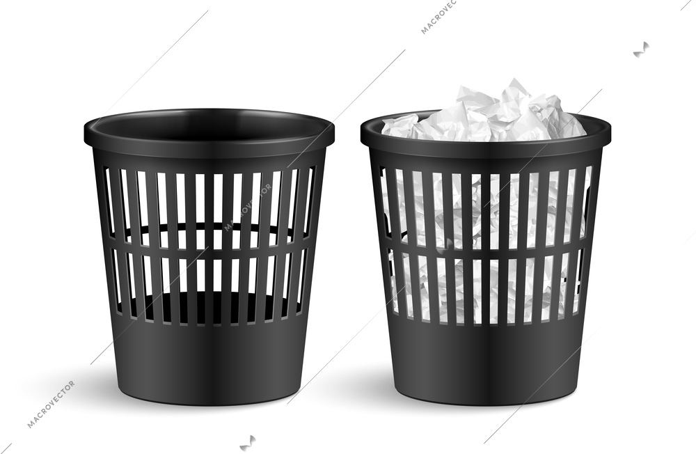 Realistic trash bucket paper set with isolated views of plastic office trash bins filled with paper vector illustration