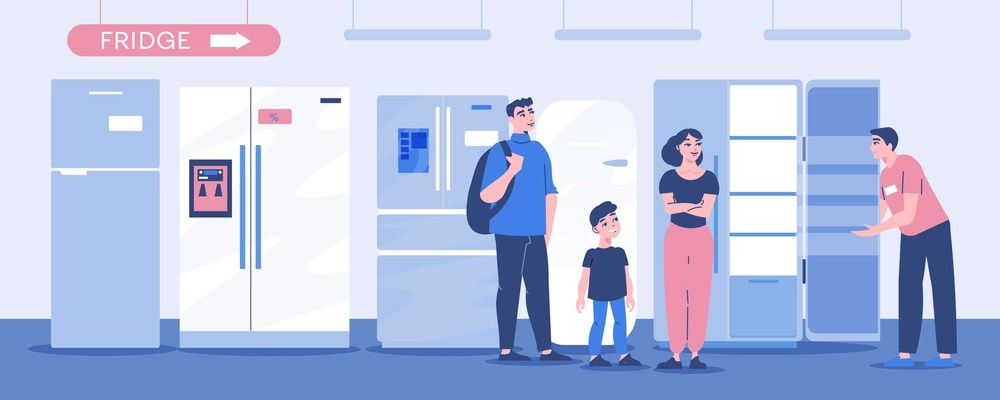 Fridge store horizontal composition with family choosing new refrigeration cabinet with assistant help flat vector illustration