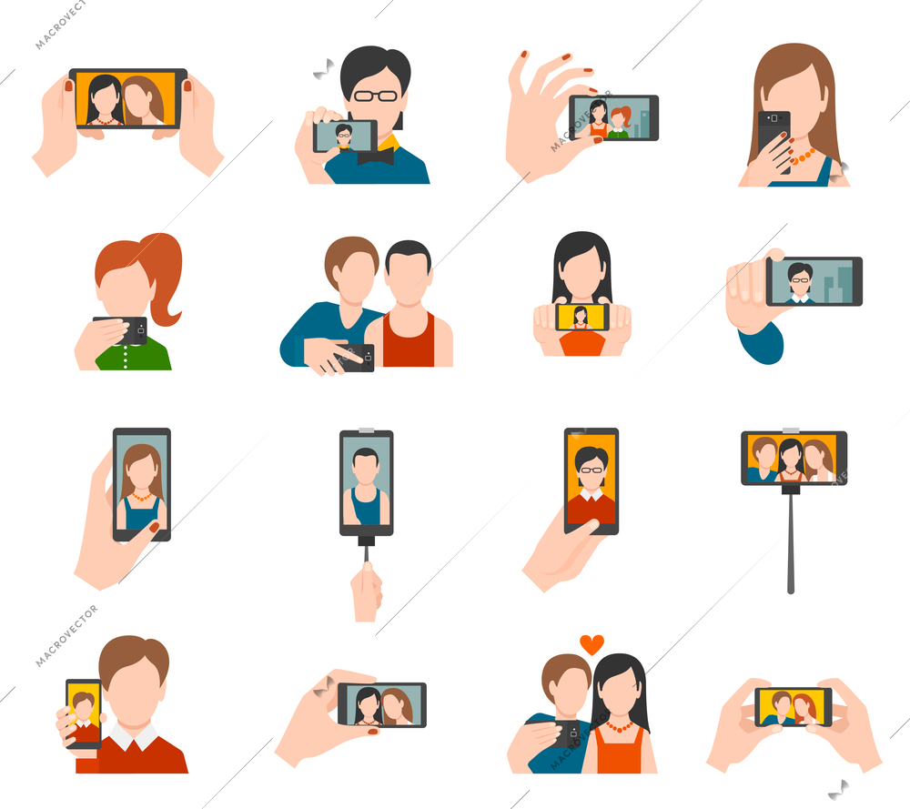 Selfie icons flat set with people taking photo portraits isolated vector illustration