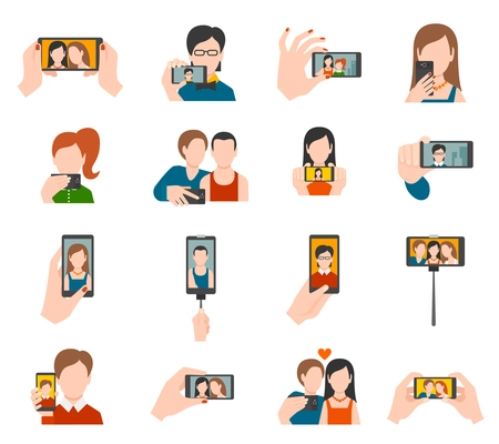 Selfie icons flat set with people taking photo portraits isolated vector illustration