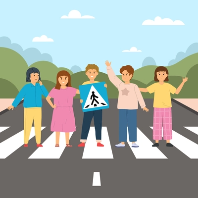 Children road rules composition with outdoor landscape and kids standing on street crosswalk holding traffic sign vector illustration