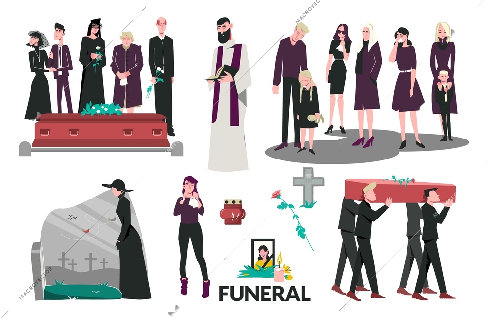 Flat funeral death composition set grieving family standing by the coffin people weeping men in black carrying the coffin a widow visiting her husbands grave vector illustration